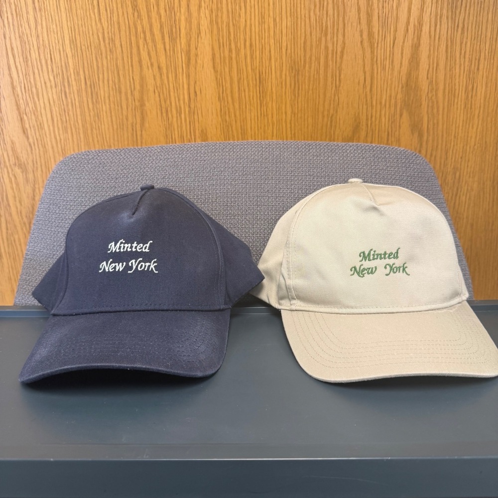 Lot of 2 Minted New York Snapback Hats Navy Blue and Tan Beige Script Logo Caps